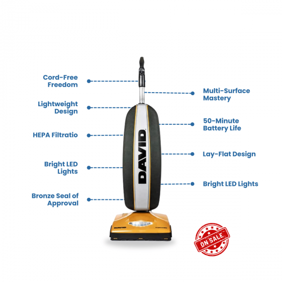 This image showcases the David Everywhere Cord Free Upright Vacuum, featuring a lightweight design, HEPA filtration, bright LED lights, and versatile multi-surface capability. It offers a 50-minute battery life, a lay-flat design for easy storage, and holds a prestigious bronze seal of approval.