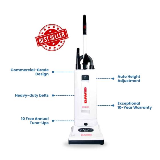 The image displays the David Pro-DX Upright Vacuum, a Best Seller in white, known for its commercial-grade design. It features heavy-duty belts, automatic height adjustment, offers 10 complimentary annual tune-ups, and comes with a remarkable 10-year warranty.