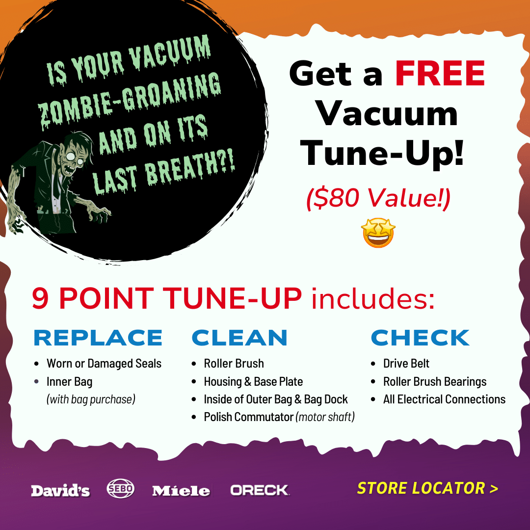 Advertisement offering a free vacuum tune-up valued at $80, including a 9-point check covering replacement of worn parts, cleaning, and electrical checks. Brands featured: David's, SEBO, Miele, and Oreck.