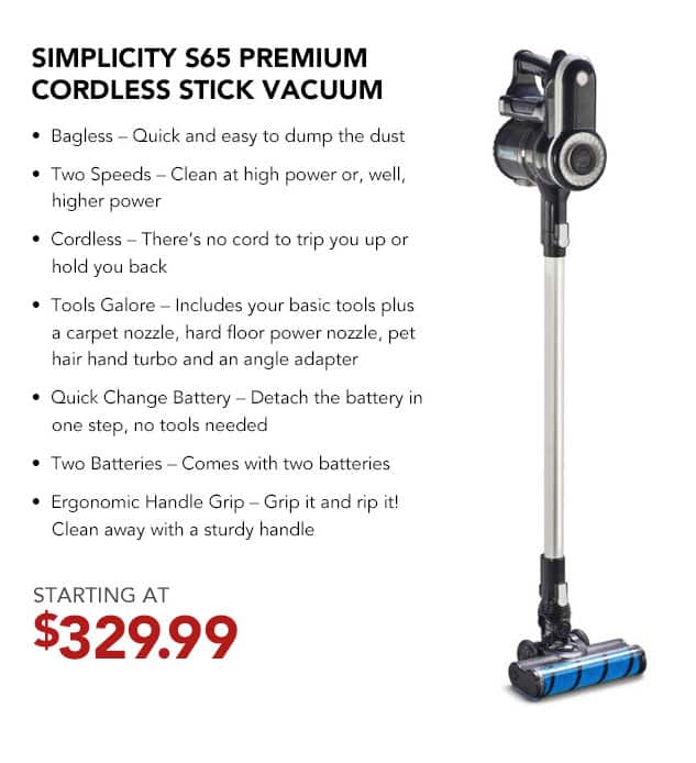 Simplicity S65 Premium Cordless Stick Vacuum.